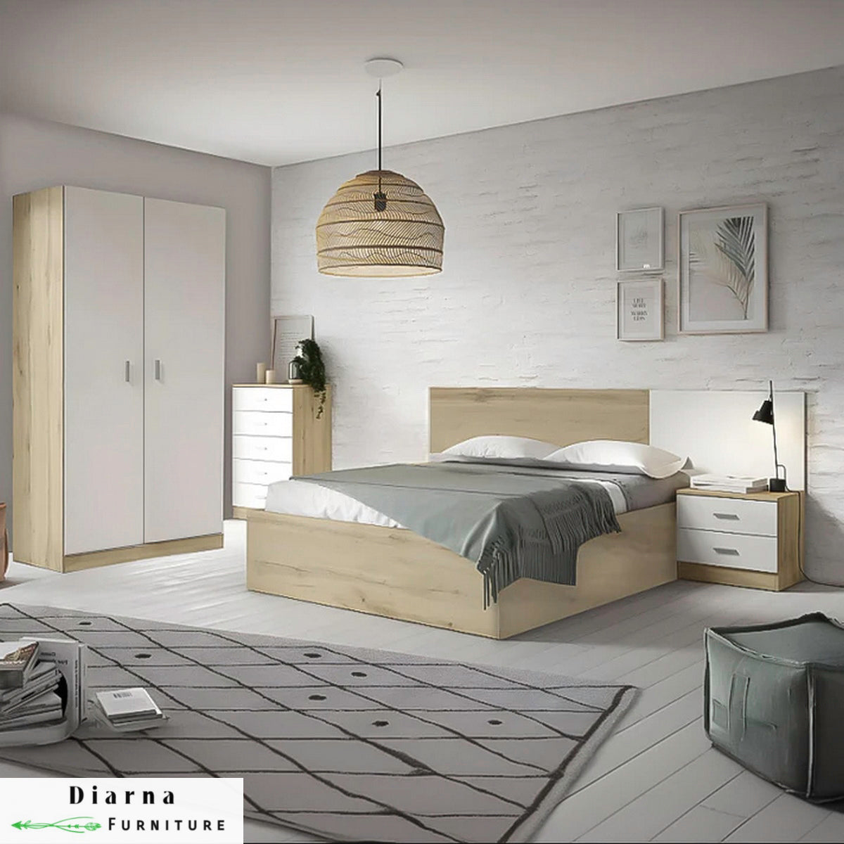 غرفة نوم كاملة من خشب ام دي اف عالي الجودة " 4 قطع " - بيج وابيض