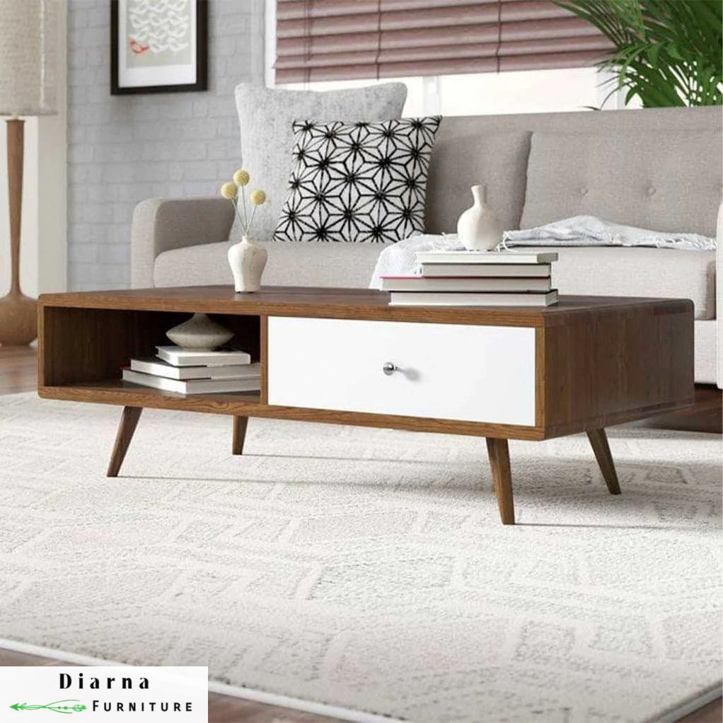 تربيزة قهوة ام دي اف - ابيض وبني