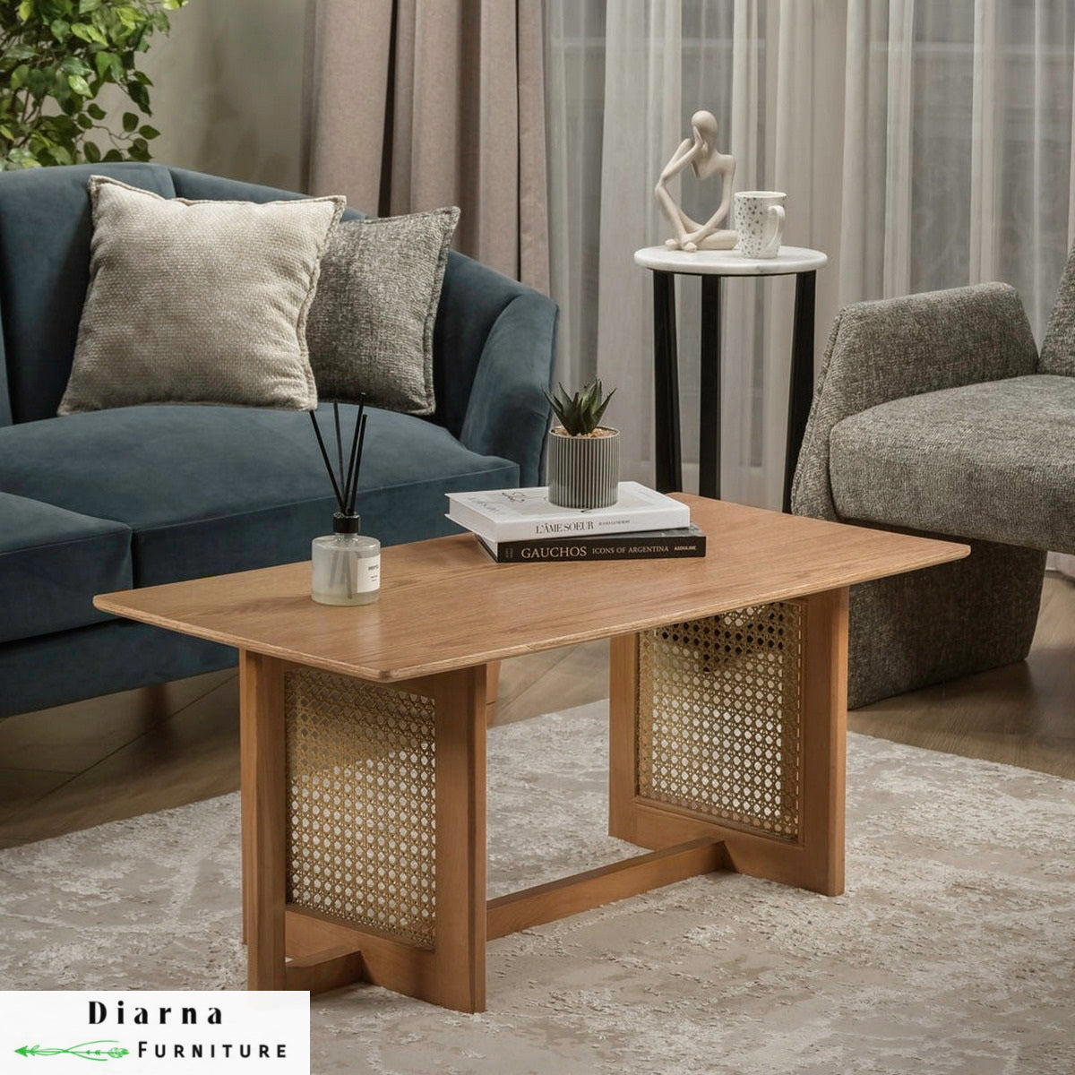 تربيزة قهوة خشب كونتر طبيعي و كانيه - بني وبيج