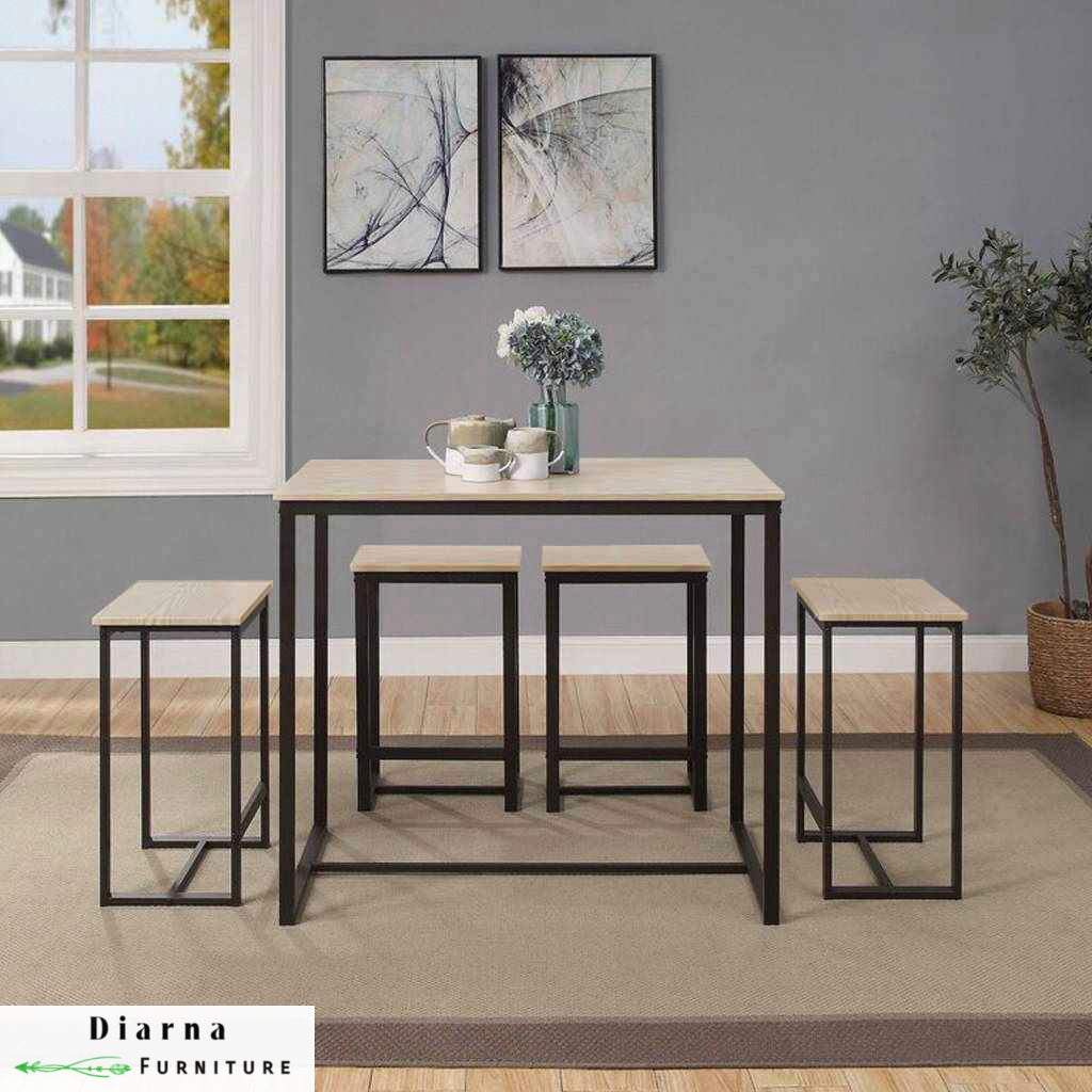 سفره ستيل وخشب 5 قطع - اسود وبيج