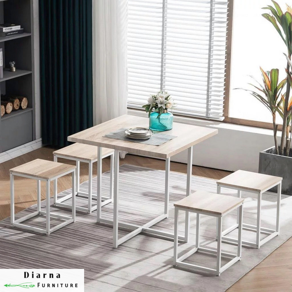 سفره ستيل وخشب 5 قطع - ابيض وبيج