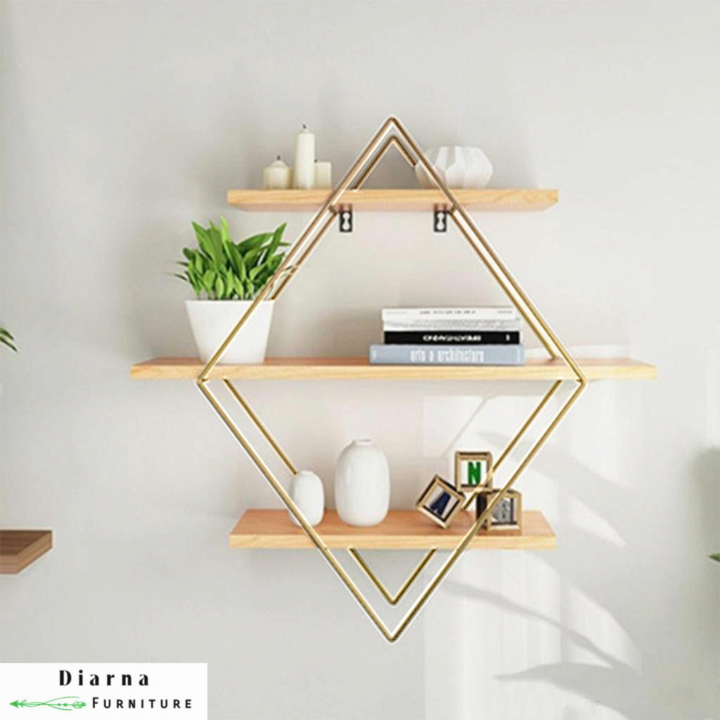 وحدة ارفف معلقة ستيل وخشب  - دهبي وبيج