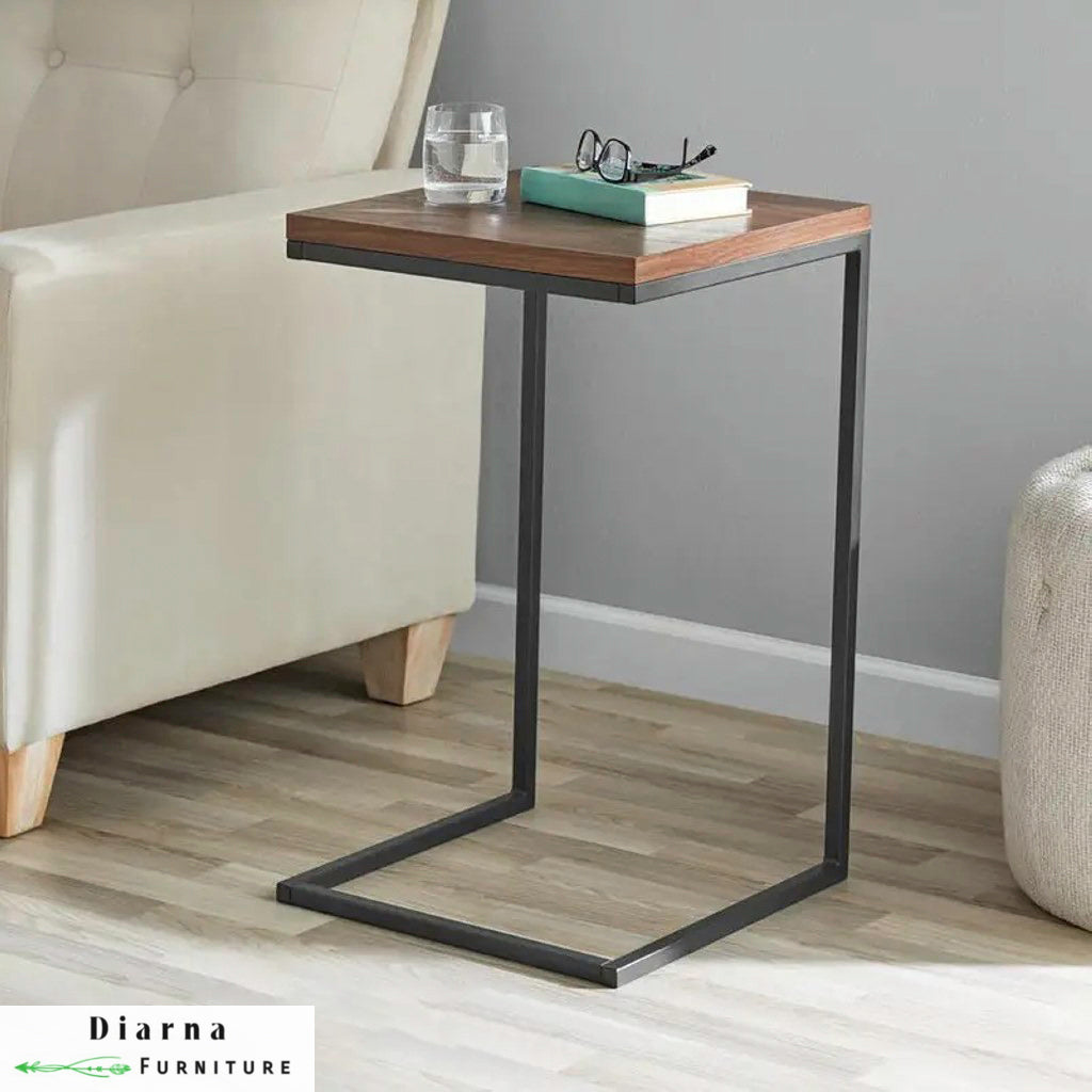 ترابيزة جانبية ستيل وخشب - اسود وبني