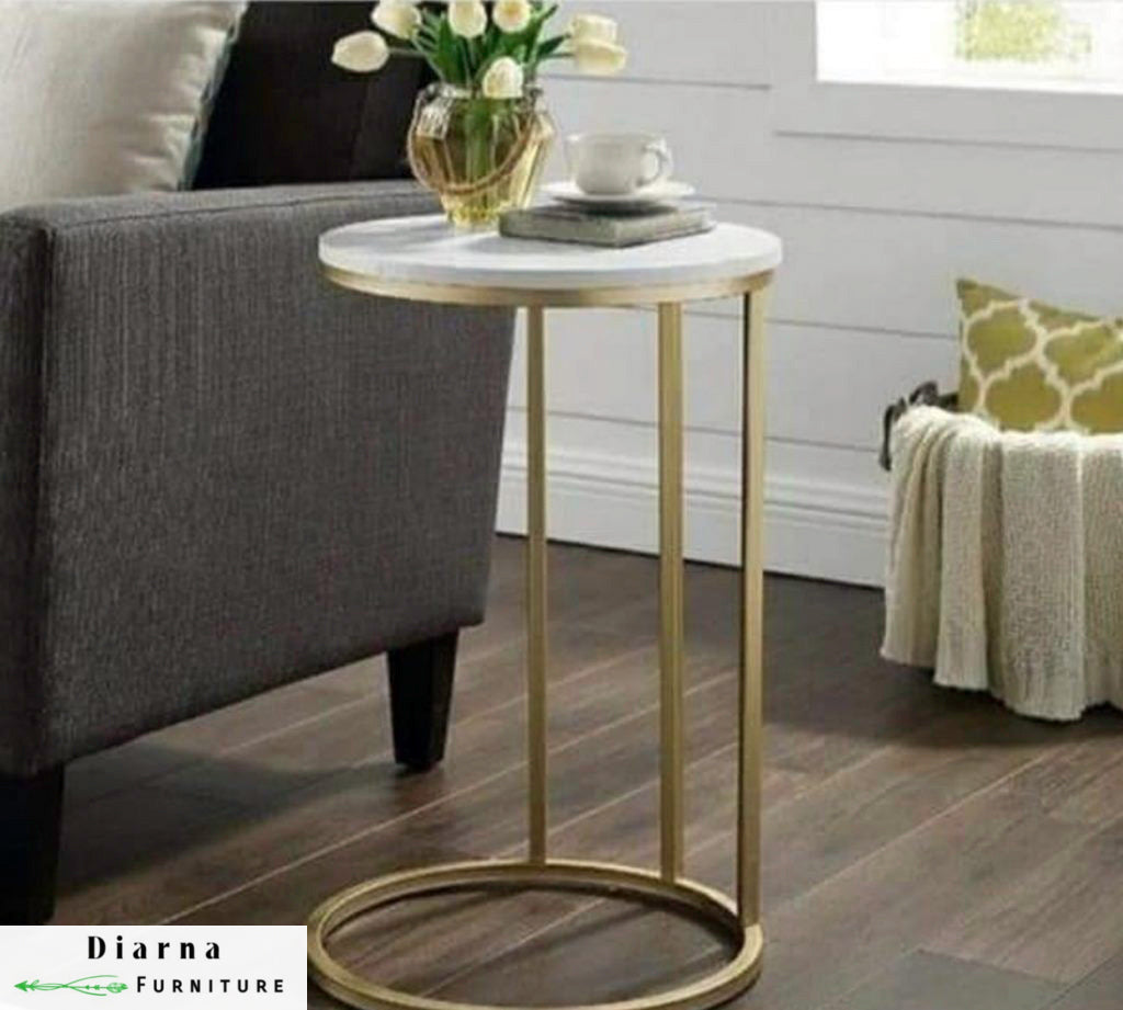 ترابيزة جانبية ستيل وخشب - ابيض ودهبي