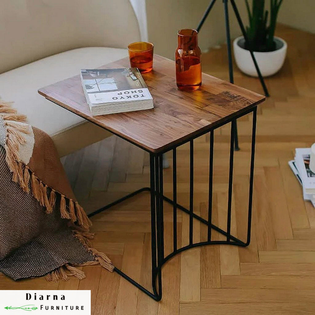 ترابيزة جانبية ستيل وخشب - اسود وبني