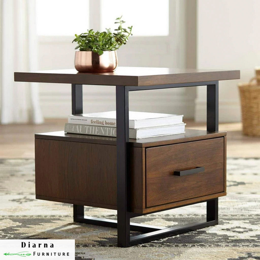 ترابيزة جانبية ستيل وخشب - اسود وبني