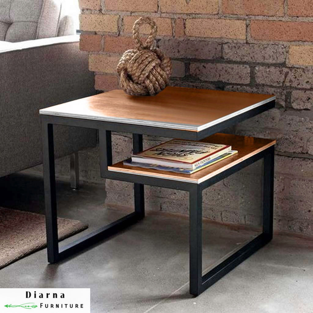 ترابيزة جانبية ستيل وخشب - اسود وبني