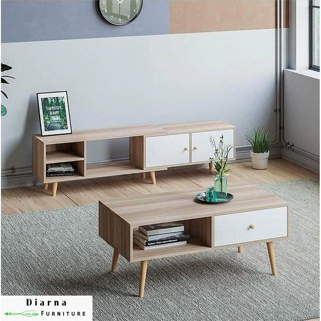 طقم قطعتين " وحدة تلفزيون و ترابيزة قهوة " -بيج وابيض