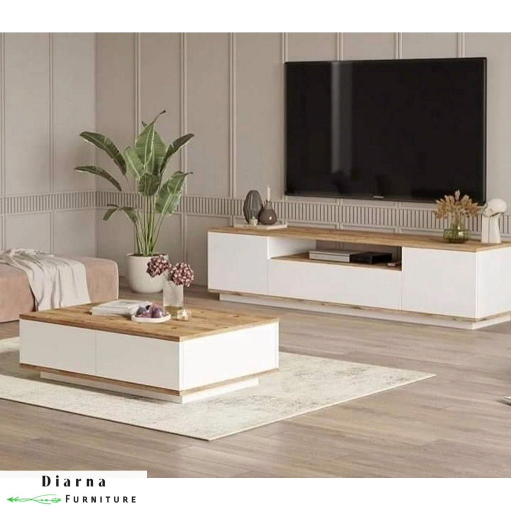 طقم قطعتين " وحدة تلفزيون و ترابيزة قهوة " - ابيض وبيج