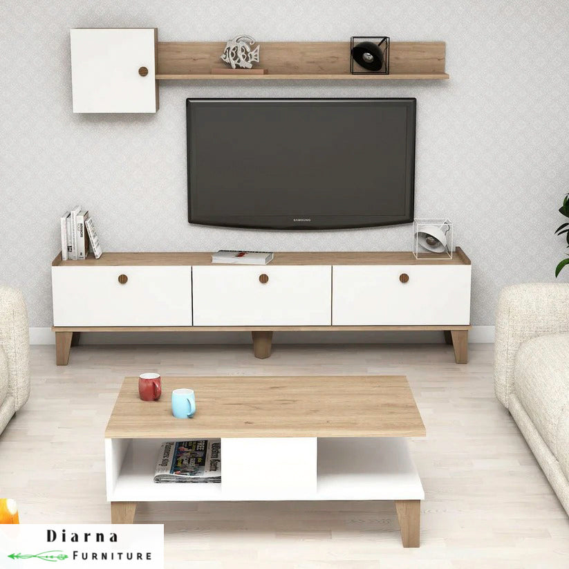 طقم قطعتين " وحدة تلفزيون و ترابيزة قهوة " - بيج وابيض