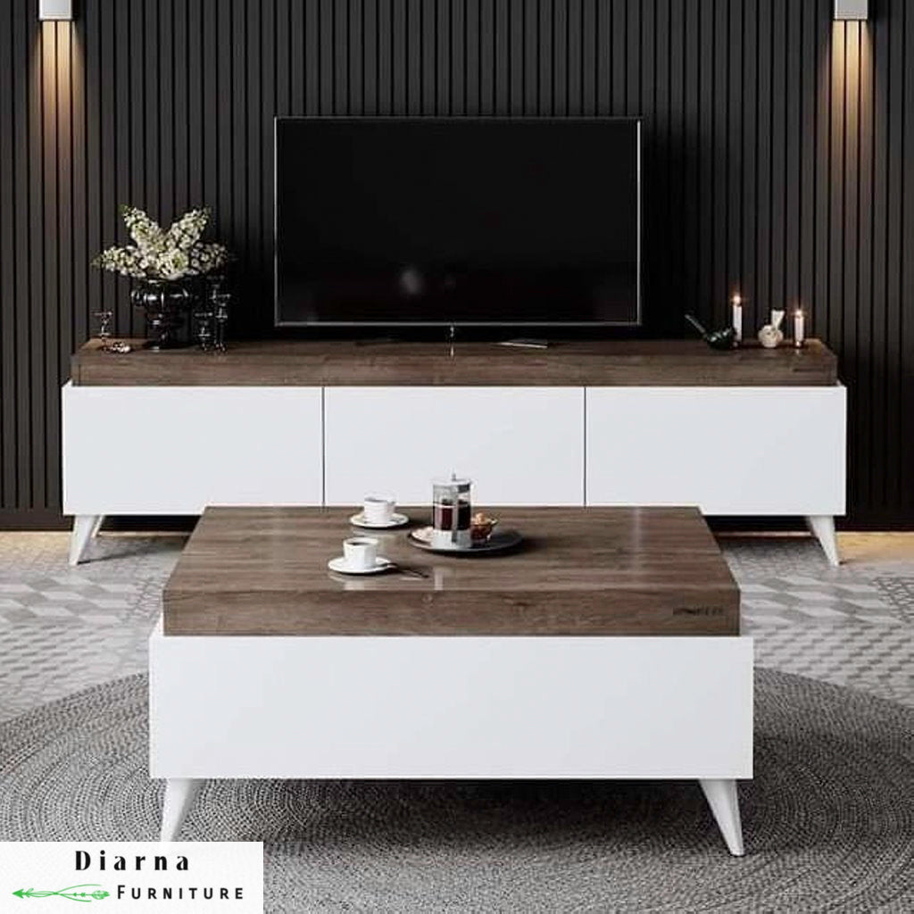 طقم قطعتين " وحدة تلفزيون و ترابيزة قهوة " - ابيض وبني