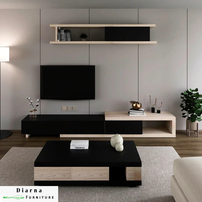 طقم قطعتين " وحدة تلفزيون و ترابيزة قهوة " - بيج واسود