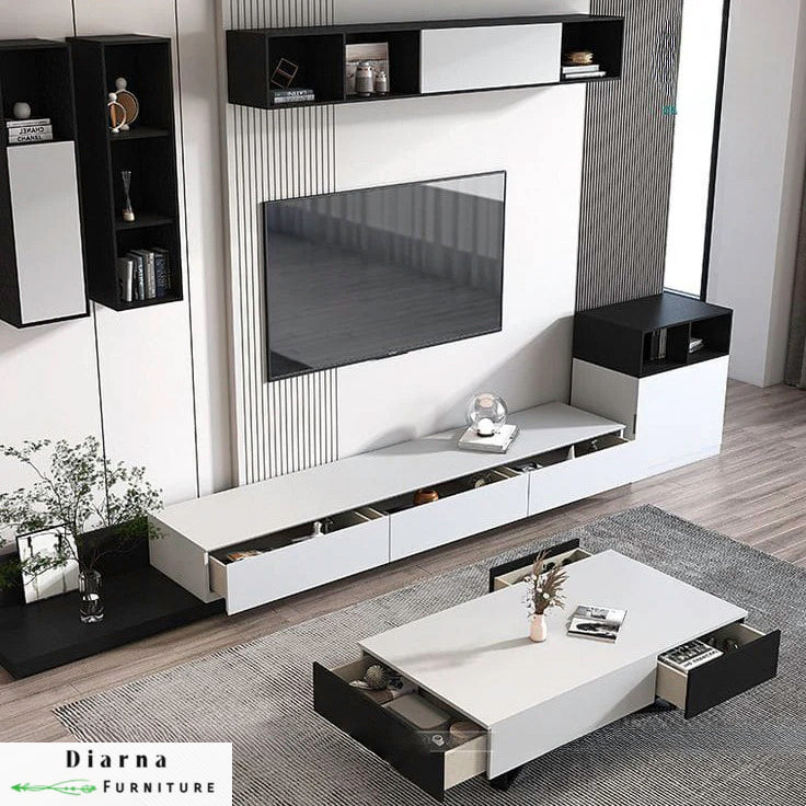 طقم قطعتين " وحدة تلفزيون و ترابيزة قهوة " - ابيض واسود