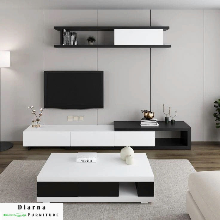 طقم قطعتين " وحدة تلفزيون و ترابيزة قهوة " - ابيض واسود