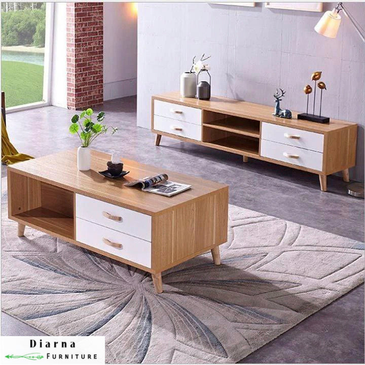 طقم قطعتين " وحدة تلفزيون و ترابيزة قهوة " - بني وابيض