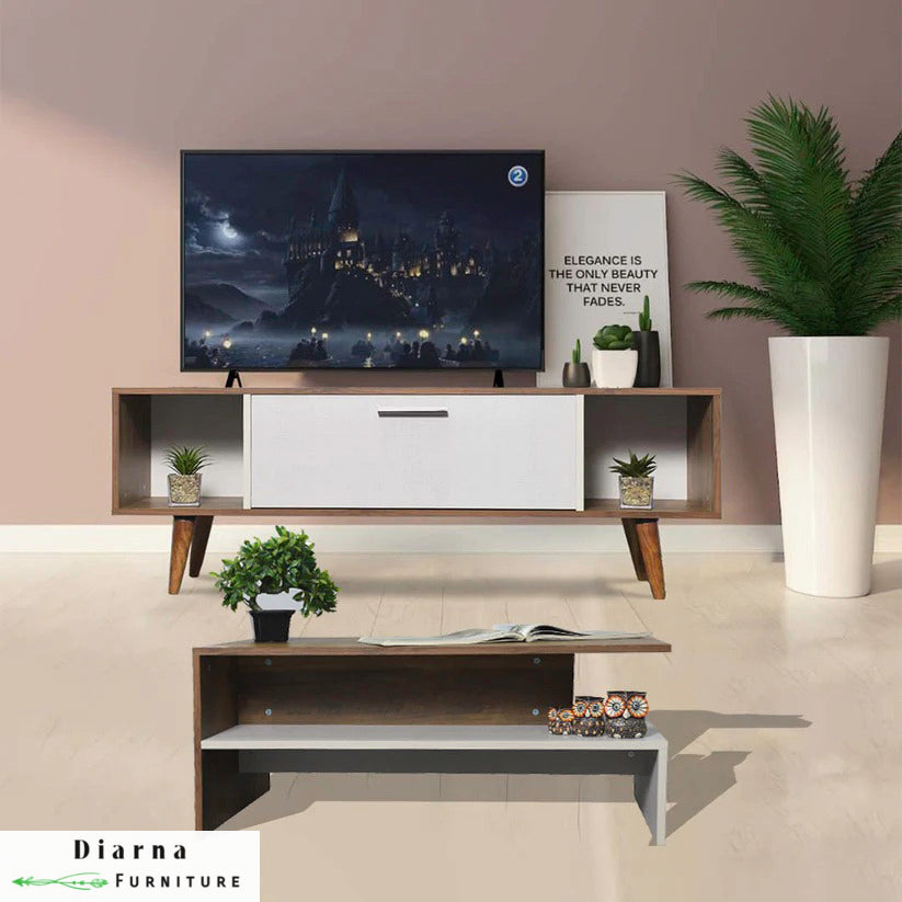 طقم قطعتين " وحدة تلفزيون و ترابيزة قهوة " - بني وابيض