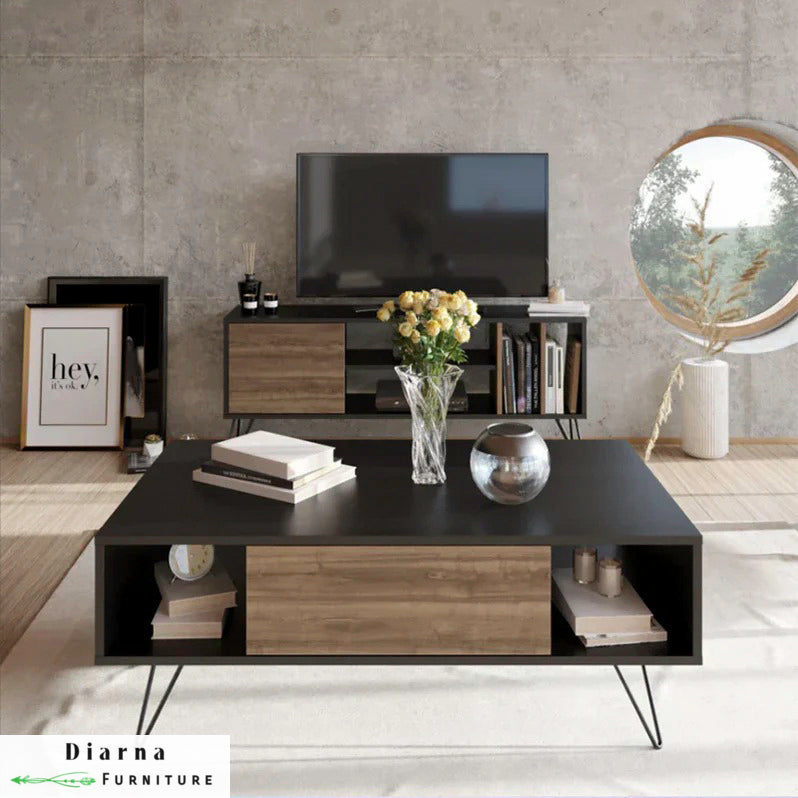 طقم قطعتين " وحدة تلفزيون و ترابيزة قهوة " - اسود وبيج غامق