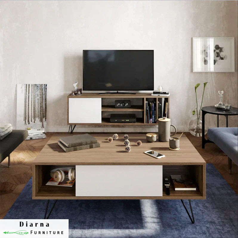 طقم قطعتين " وحدة تلفزيون و ترابيزة قهوة " - اسود وبيج غامق