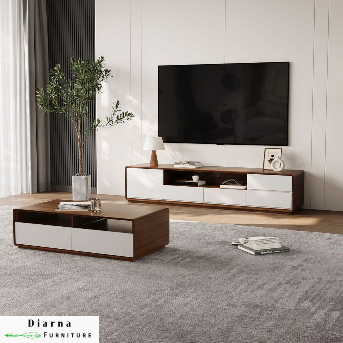 طقم قطعتين " وحدة تليفزيون وترابيزة قهوة "- بني وابيض