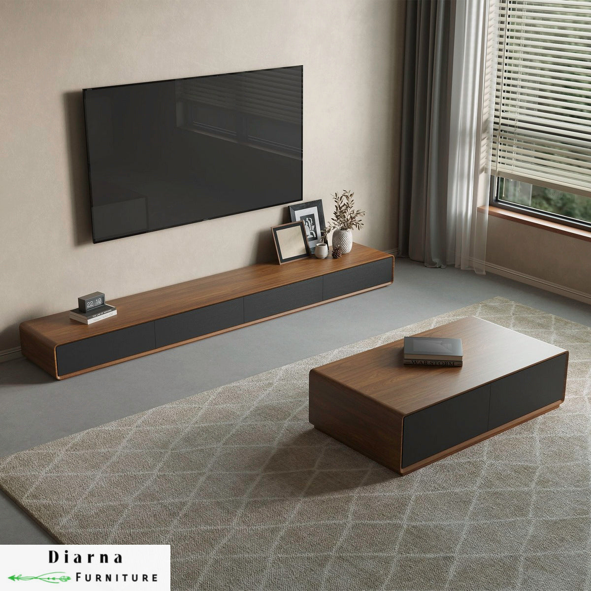 طقم قطعتين " وحدة تليفزيون وترابيزة قهوة "- بني وابيض