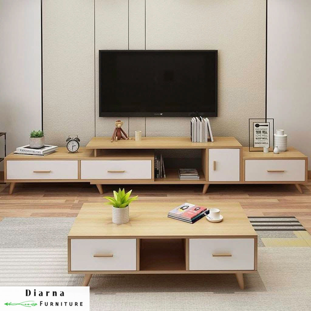 طقم قطعتين " وحدة تليفزيون وترابيزة قهوة "- بيج وابيض