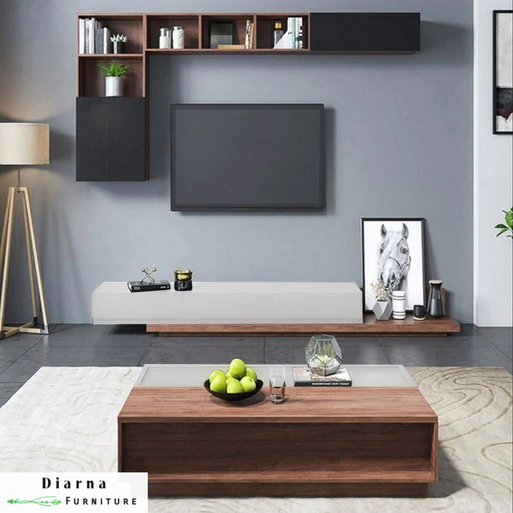 طقم قطعتين " وحدة تليفزيون وترابيزة قهوة "- ابيض وبني