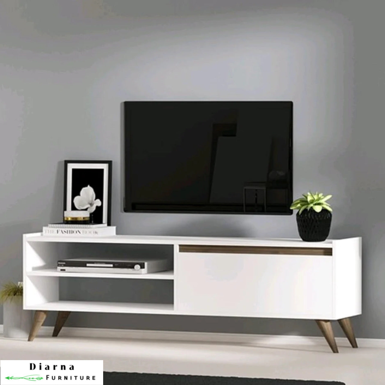 وحدة تليفزيون ام دي اف- ابيض وبني