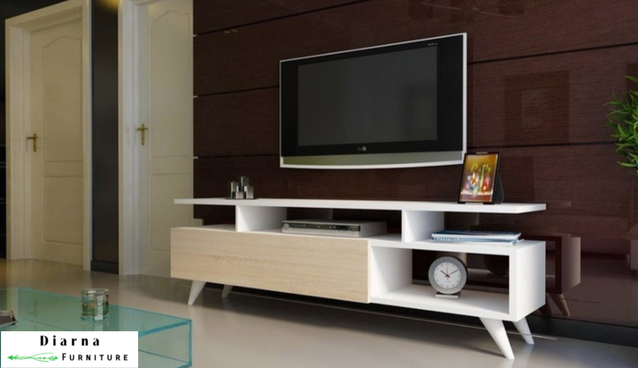 وحدة تليفزيون ام دي اف- ابيض وبيج