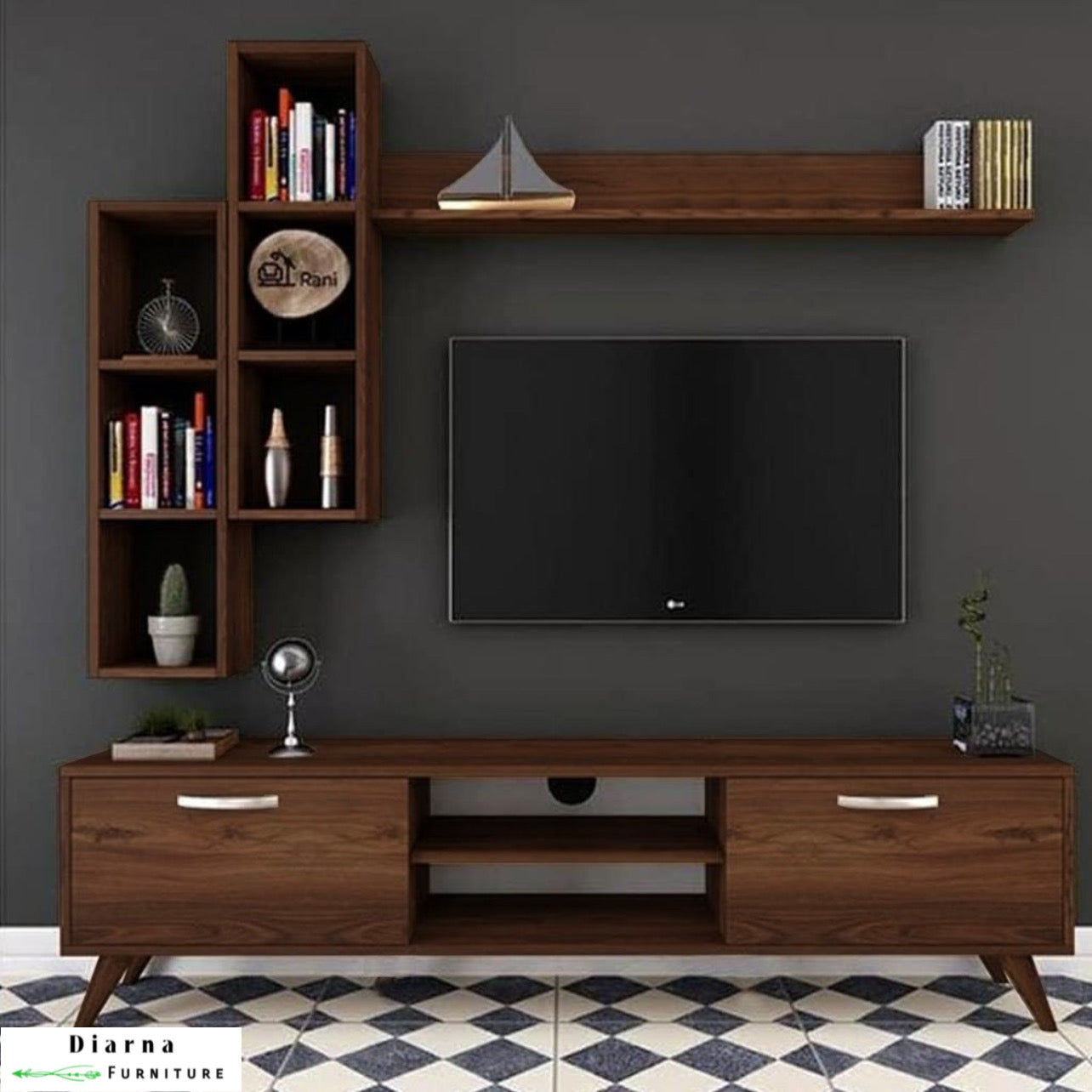 وحدة تليفزيون مزودة بارفف معلقة ام دي اف - بني